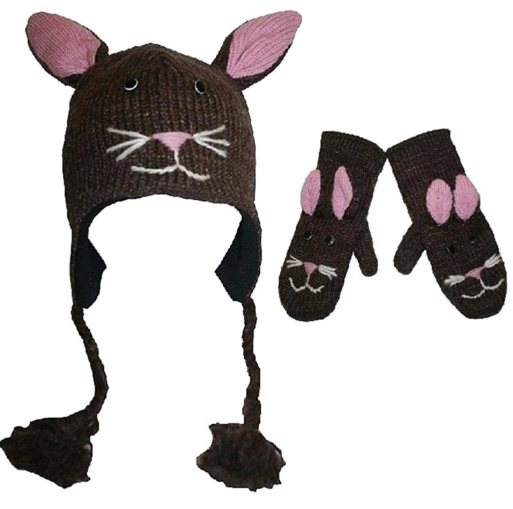 Assorted Soft Warm Knit Wool Fleece Lined Trapper Animal Hat Mitten Set