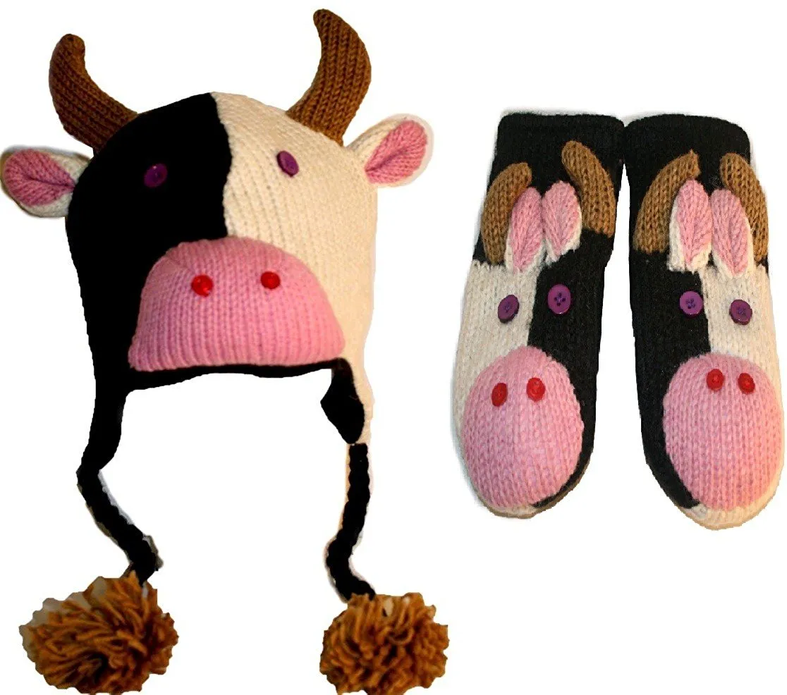 Assorted Soft Warm Knit Wool Fleece Lined Trapper Animal Hat Mitten Set