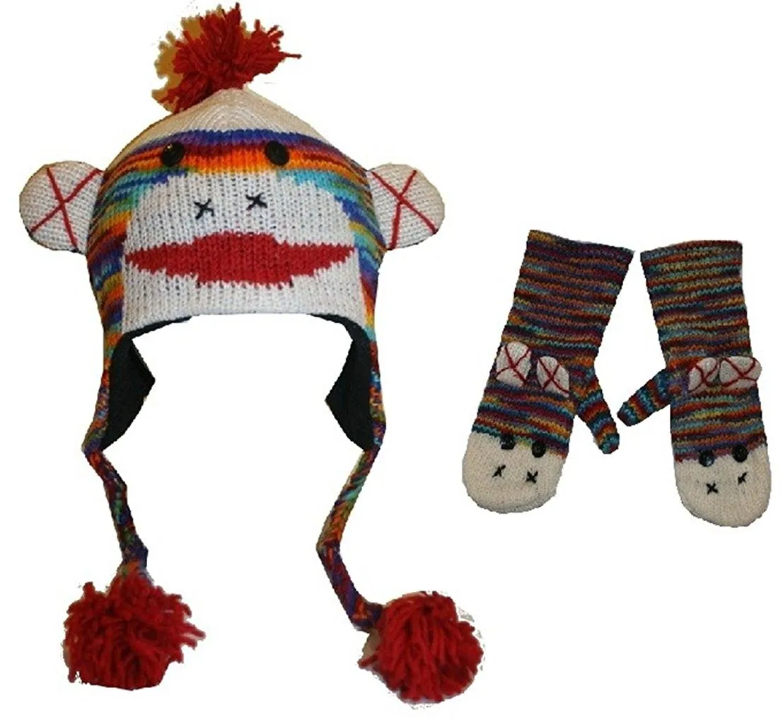 Assorted Soft Warm Knit Wool Fleece Lined Trapper Animal Hat Mitten Set
