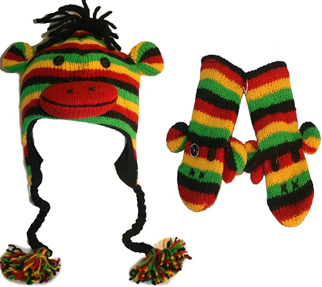 Assorted Soft Warm Knit Wool Fleece Lined Trapper Animal Hat Mitten Set