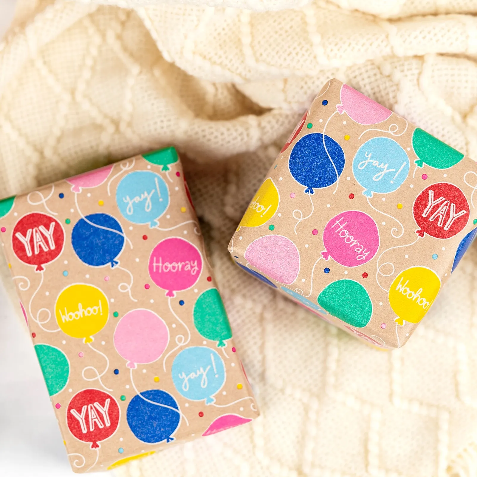 Hooray Birthday Balloon Eco-friendly Kraft Wrapping Paper with Cut Line on Reverse