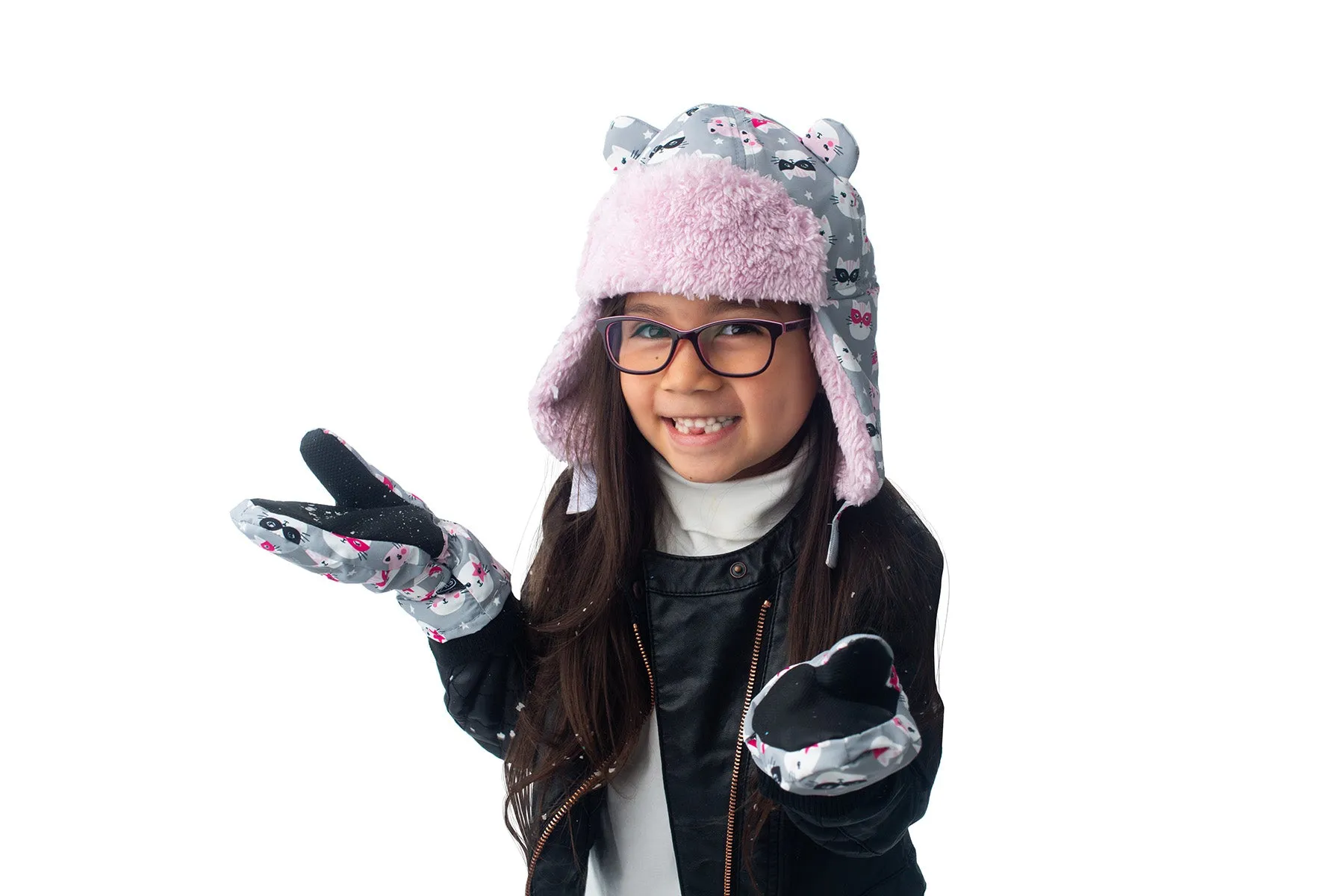 Kids Water Repellent Ski Mittens - Cat (Grey)