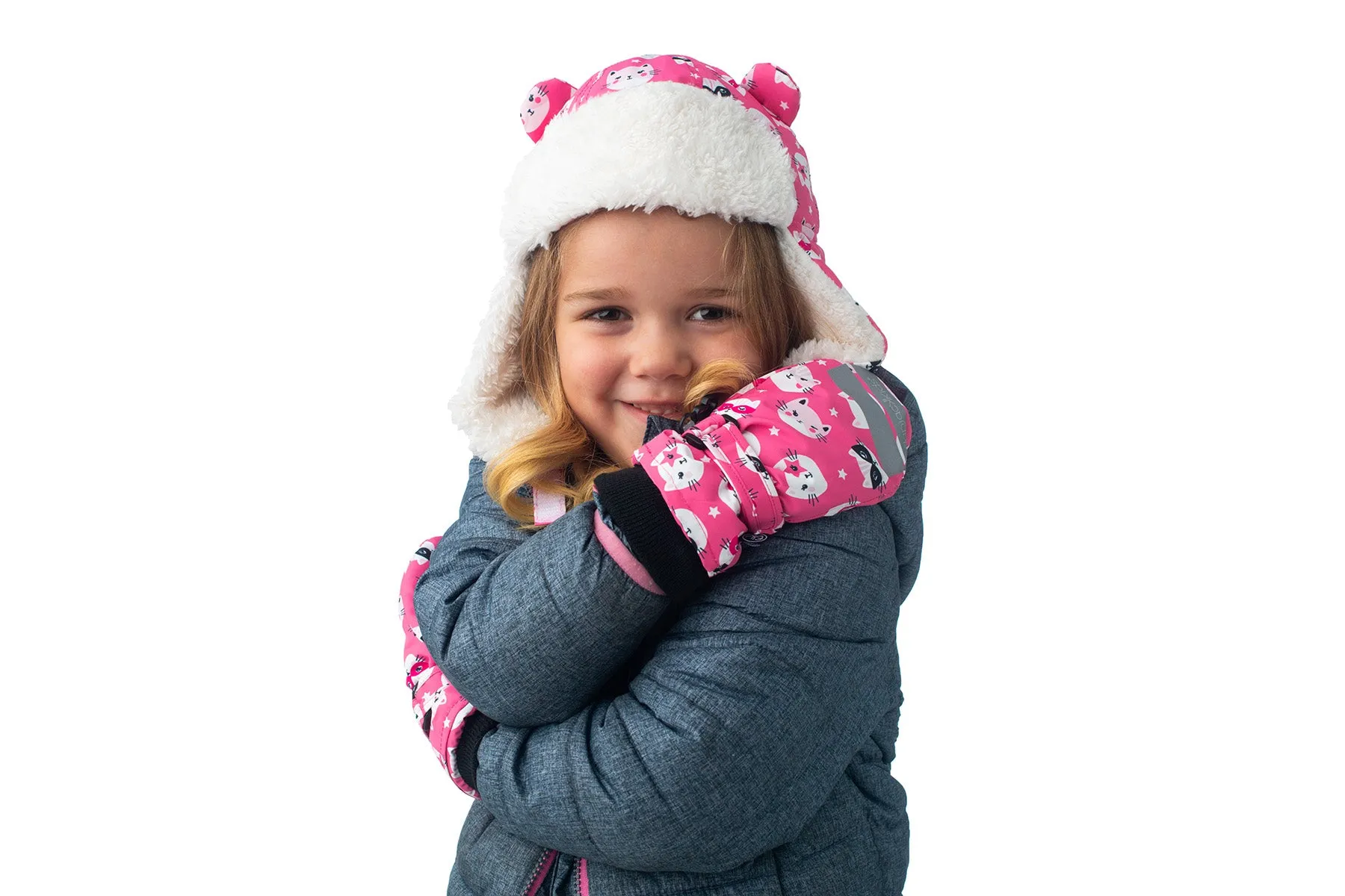 Kids Water Repellent Ski Mittens - Cat (Pink)
