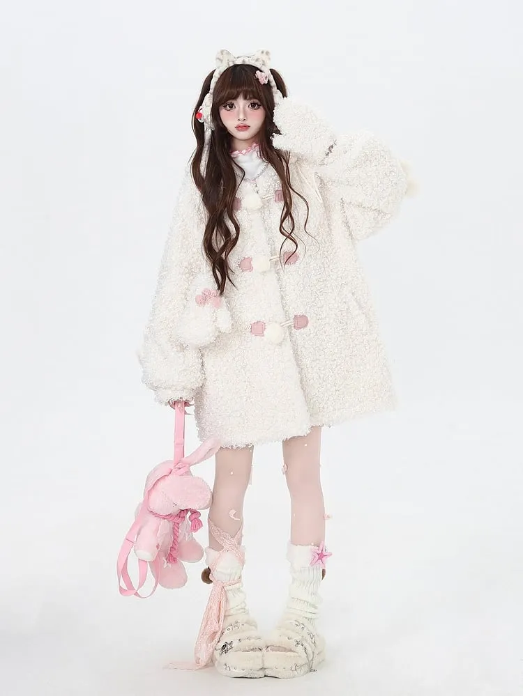 White Cute Kitty Ear Thick Hooded Coat with Free Gloves