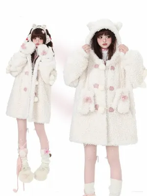 White Cute Kitty Ear Thick Hooded Coat with Free Gloves