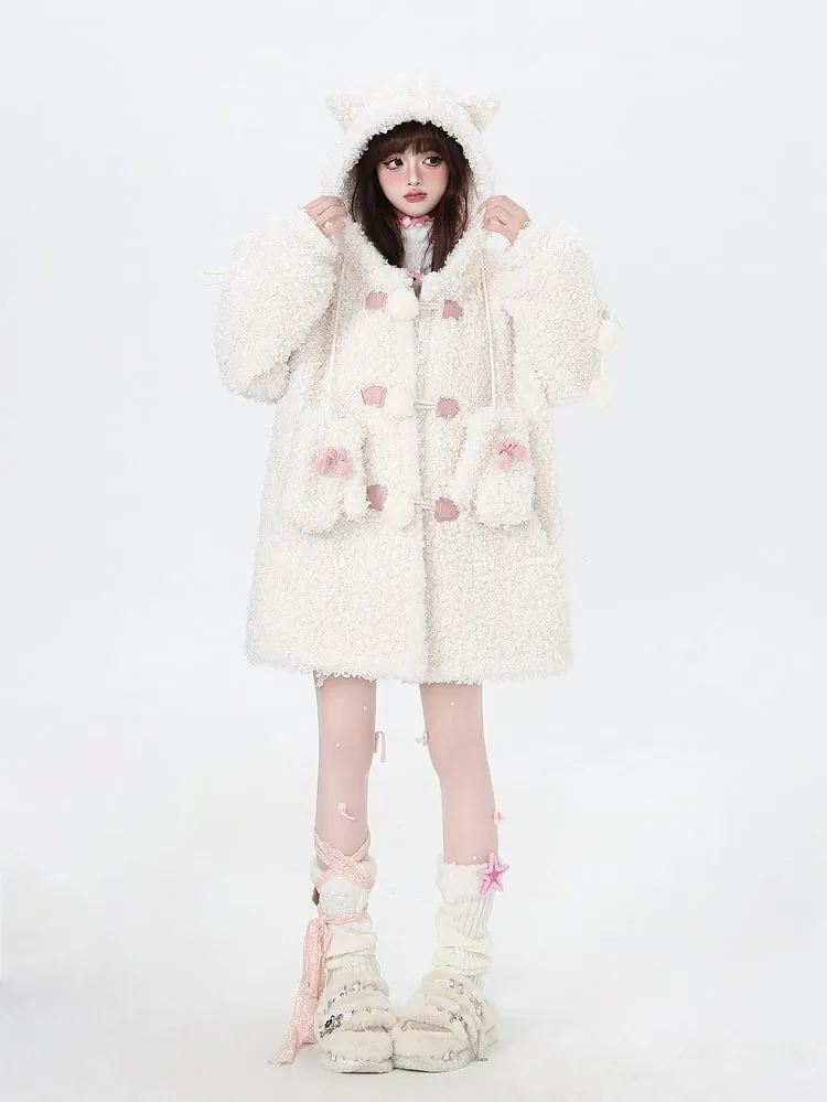 White Cute Kitty Ear Thick Hooded Coat with Free Gloves