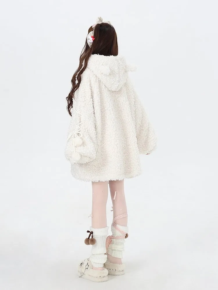 White Cute Kitty Ear Thick Hooded Coat with Free Gloves