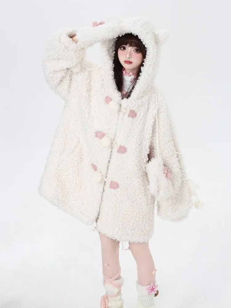 White Cute Kitty Ear Thick Hooded Coat with Free Gloves
